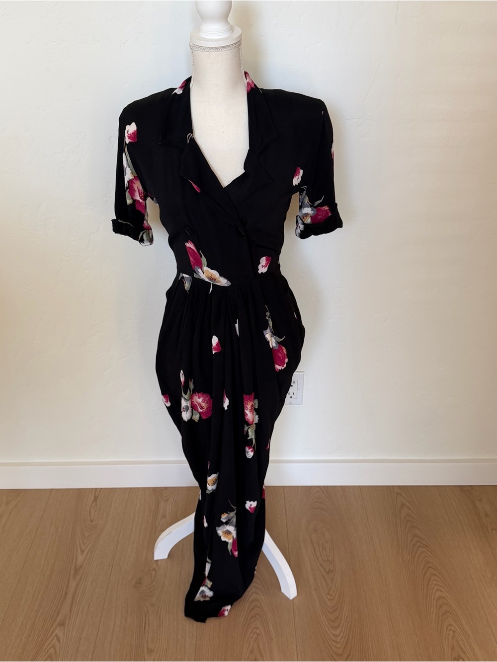 Vintage Karen Alexander Floral Button Midi Dress Ruffle Black Size 8 Women's